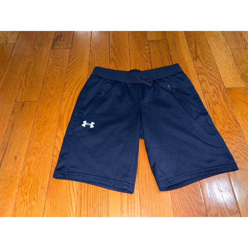 Under Armour Boys Navy Blue Loose Fit Athletic Shorts Large YLG Zipper Pockets